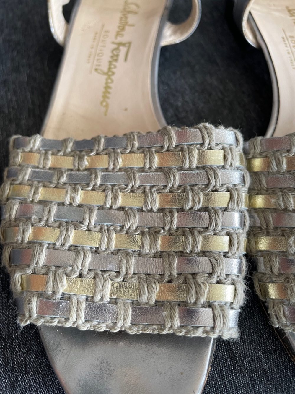 Salvatore Ferragamo sandals 8,5 narrow silver all leather with linen rope wave - Picture 4 of 7